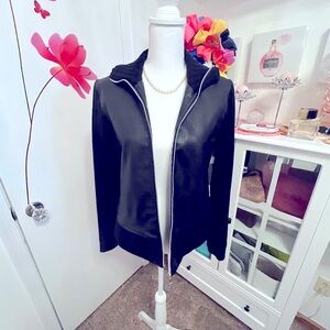 Black Pleather and Sweater armed Zipper Jacket.